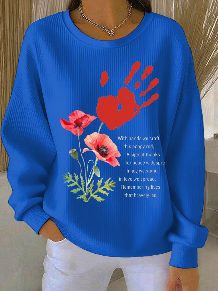 Damen-Sweatshirt mit Mohnblumenmuster zum Gedenktag, gerippt, Rundhalsausschnitt