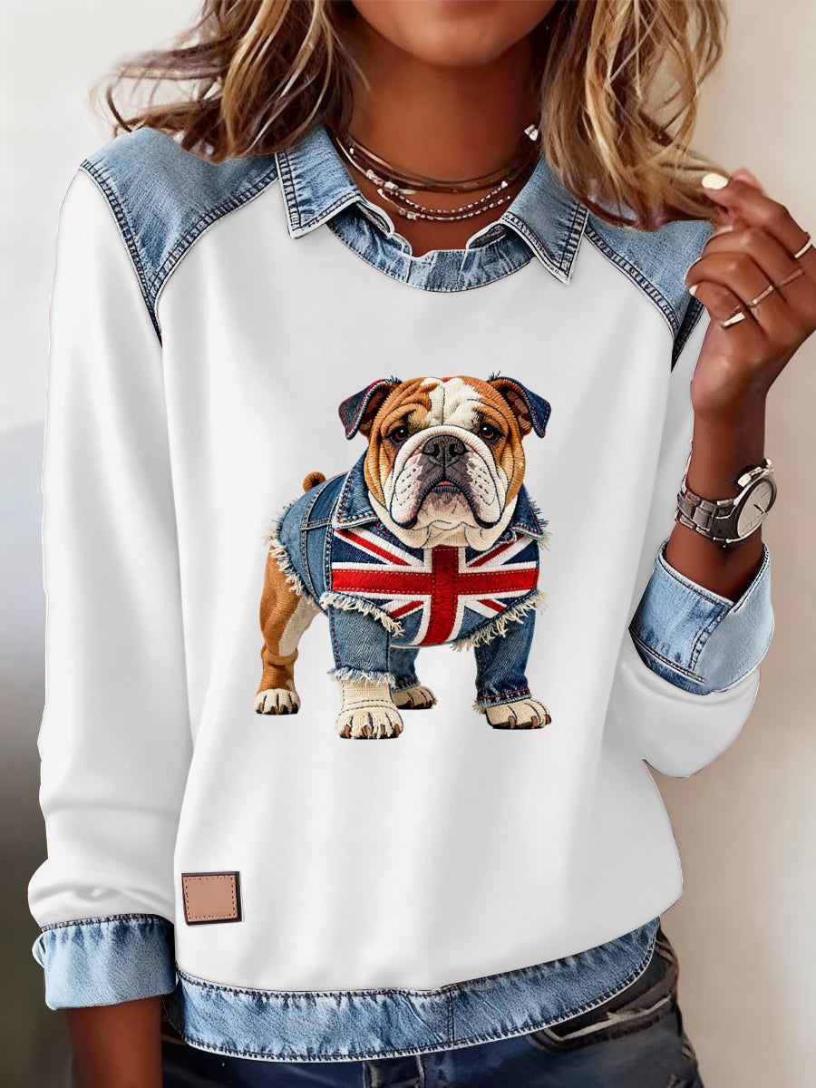Lässiges Oberteil im britischen Stil mit Bulldoggen- und Labrador-Print für Damen