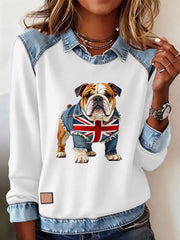 Lässiges Oberteil im britischen Stil mit Bulldoggen- und Labrador-Print für Damen