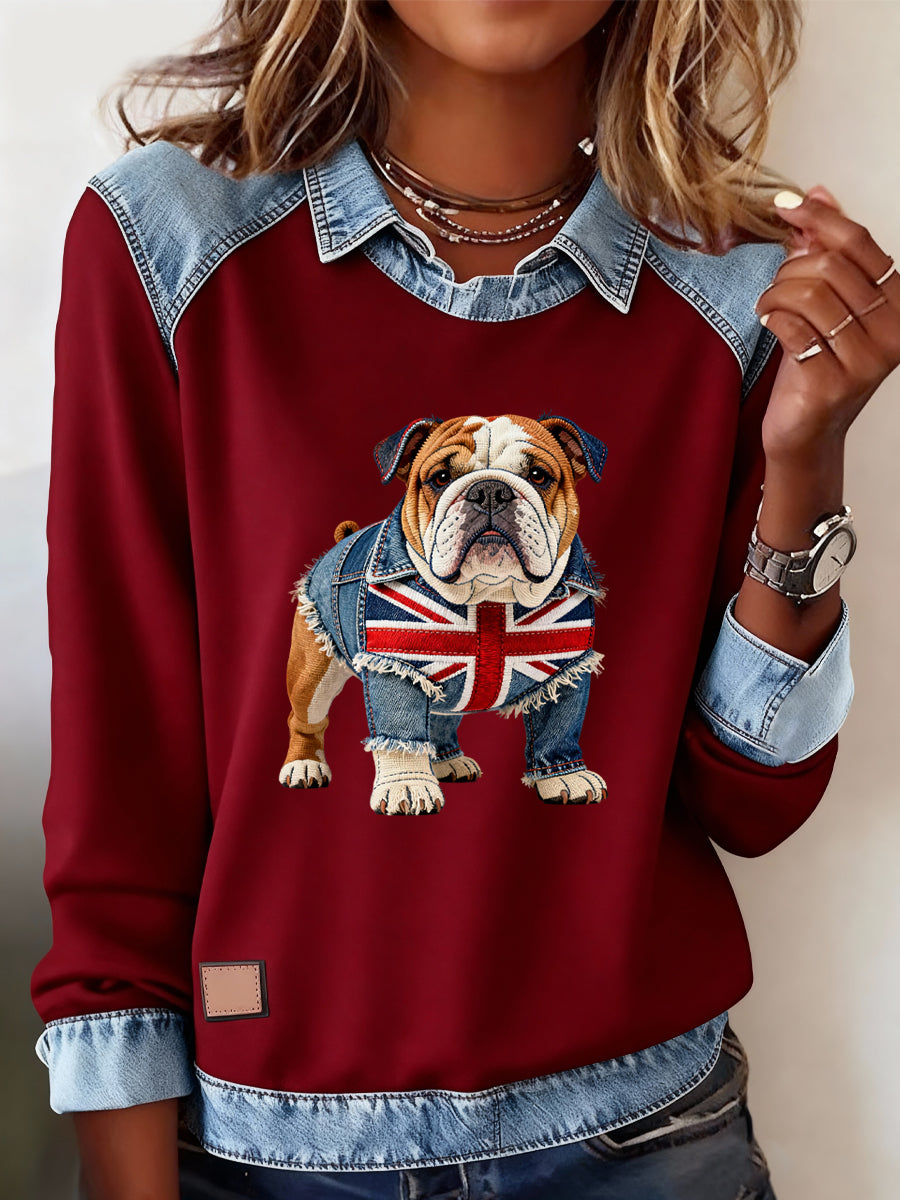 Lässiges Oberteil im britischen Stil mit Bulldoggen- und Labrador-Print für Damen