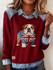 Lässiges Oberteil im britischen Stil mit Bulldoggen- und Labrador-Print für Damen
