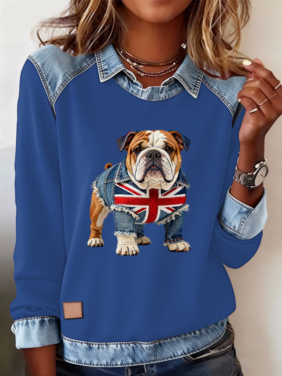 Lässiges Oberteil im britischen Stil mit Bulldoggen- und Labrador-Print für Damen