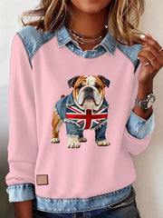 Lässiges Oberteil im britischen Stil mit Bulldoggen- und Labrador-Print für Damen