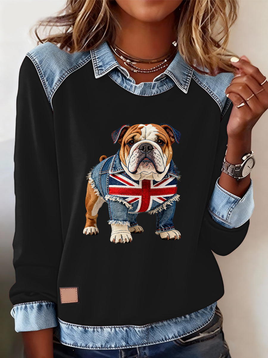 Lässiges Oberteil im britischen Stil mit Bulldoggen- und Labrador-Print für Damen