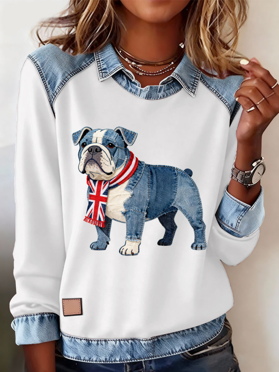 Lässiges Oberteil im britischen Stil mit Bulldoggenmuster für Damen
