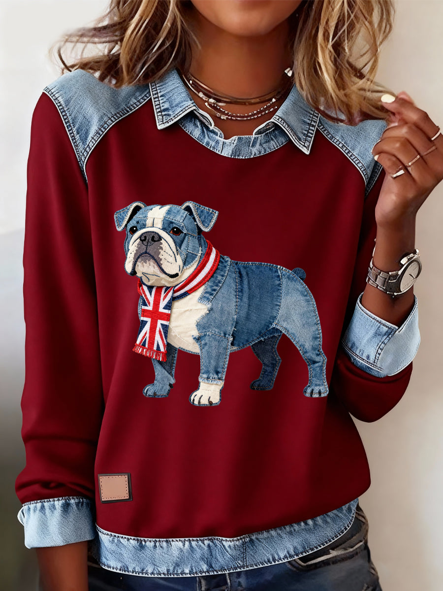 Lässiges Oberteil im britischen Stil mit Bulldoggenmuster für Damen