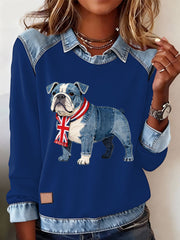 Lässiges Oberteil im britischen Stil mit Bulldoggenmuster für Damen