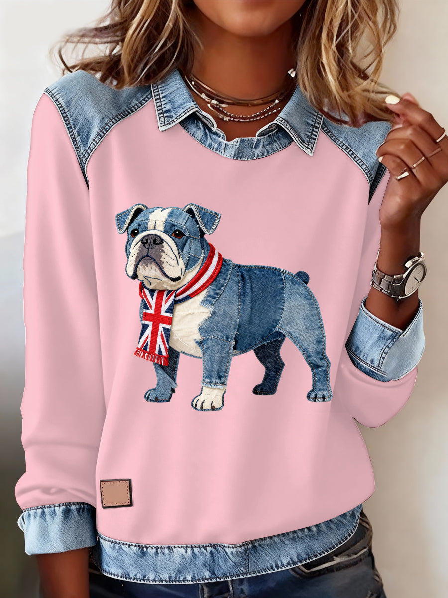 Lässiges Oberteil im britischen Stil mit Bulldoggenmuster für Damen