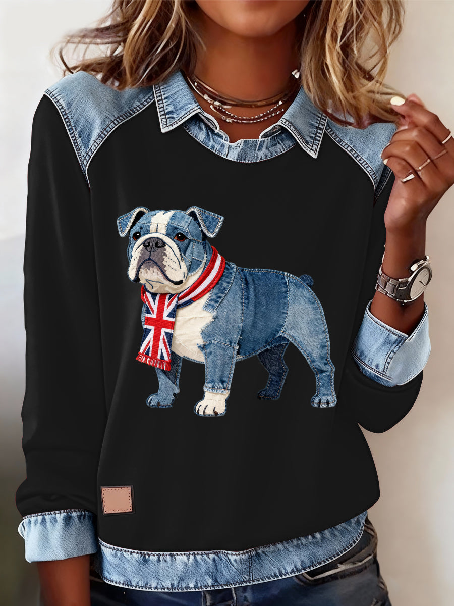 Lässiges Oberteil im britischen Stil mit Bulldoggenmuster für Damen