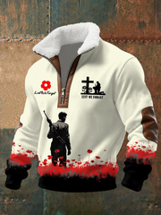 Herren-Kapuzenpullover mit Aufdruck „Lest We Forget“ und Reißverschluss, locker geschnitten, weit geschnitten.