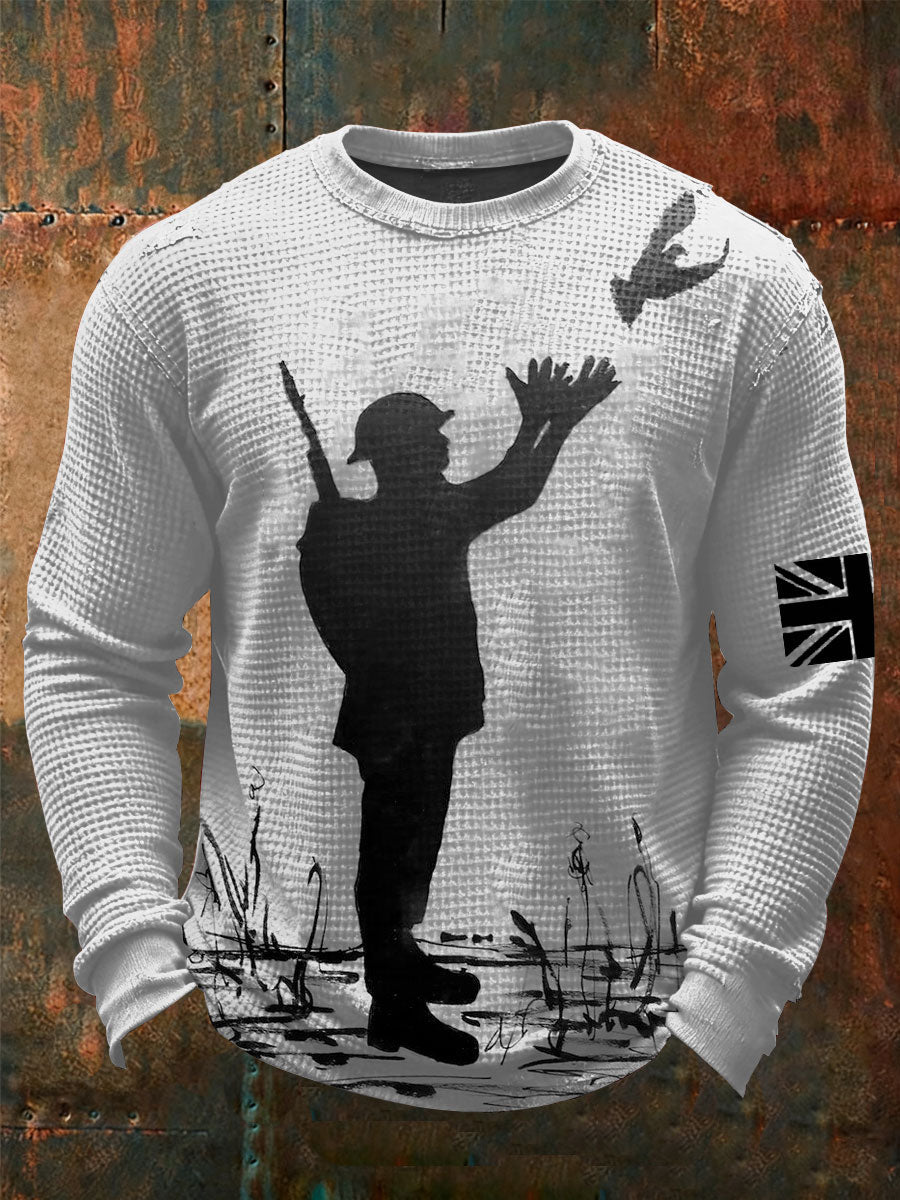 Herren-Langarmshirt mit Soldatenmotiv und Friedenstauben-Print (Waffelstruktur)