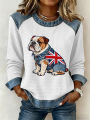 Damen-Sweatshirt im britischen Stil mit Bulldoggen- und Blumenmuster, Waffelstruktur