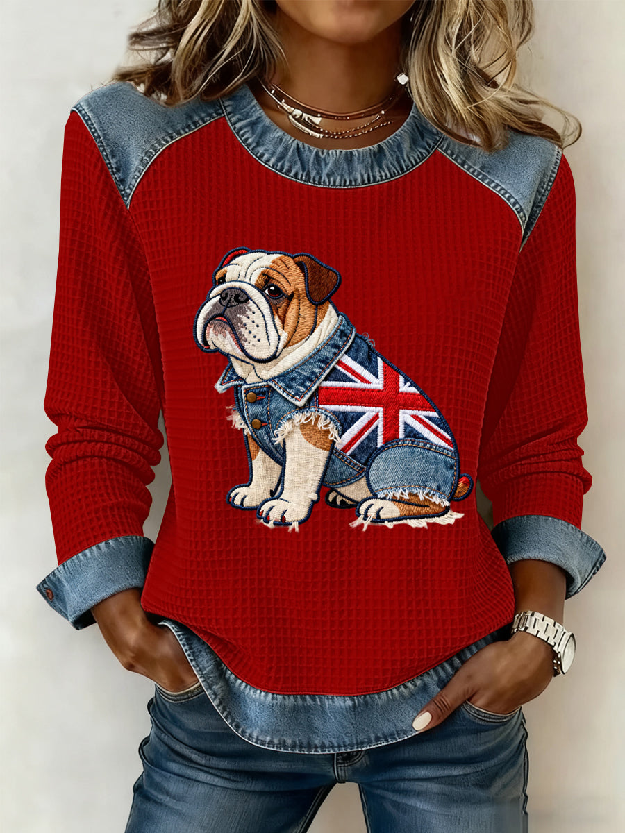 Damen-Sweatshirt im britischen Stil mit Bulldoggen- und Blumenmuster, Waffelstruktur