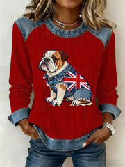 Damen-Sweatshirt im britischen Stil mit Bulldoggen- und Blumenmuster, Waffelstruktur