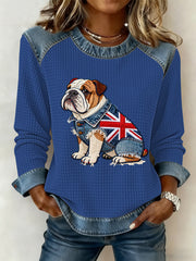 Damen-Sweatshirt im britischen Stil mit Bulldoggen- und Blumenmuster, Waffelstruktur