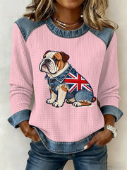 Damen-Sweatshirt im britischen Stil mit Bulldoggen- und Blumenmuster, Waffelstruktur