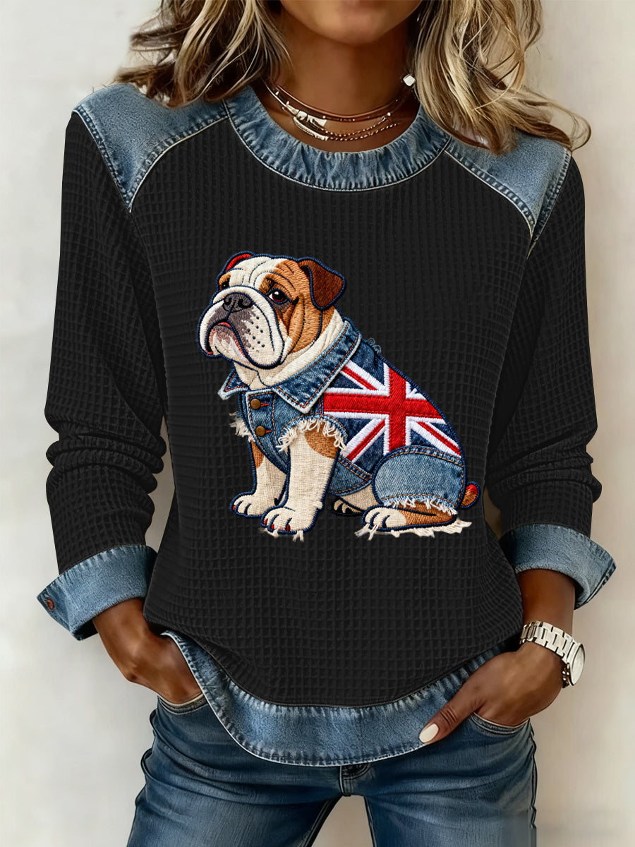 Damen-Sweatshirt im britischen Stil mit Bulldoggen- und Blumenmuster, Waffelstruktur