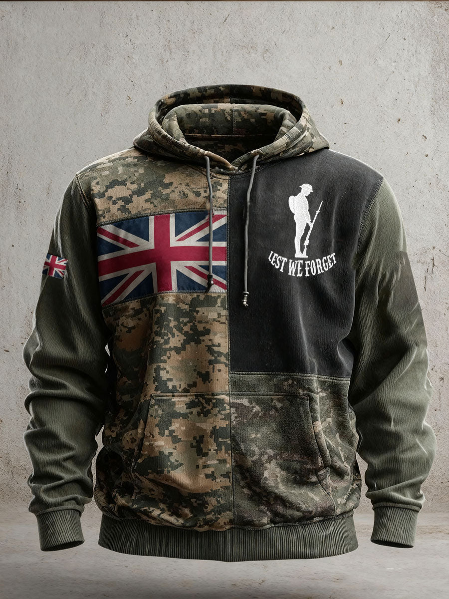 Herren-Kapuzenpullover mit überschnittenen Schultern und Taschen zum Gedenktag der Vergesslichkeit (Lest We Forget) im Camouflage-Design