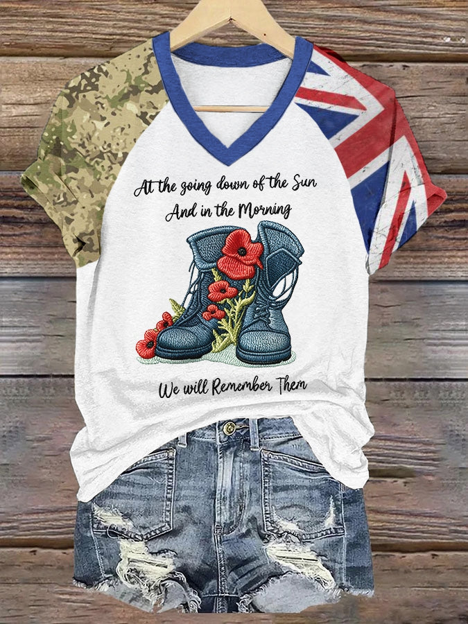 Damen-T-Shirt zum Gedenktag am 11. November – „Damit wir nicht vergessen“ – Mohnblumen-Gedenk-T-Shirt mit V-Ausschnitt