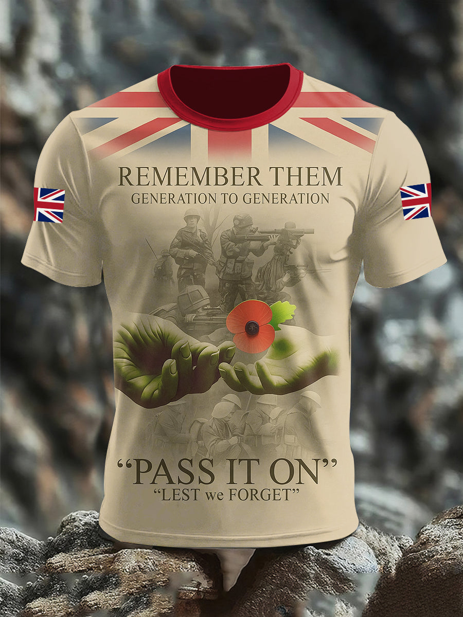 Men's Remembrance Day Remember Them Pass It On Lest We Forget Short Sleeves T-shirt