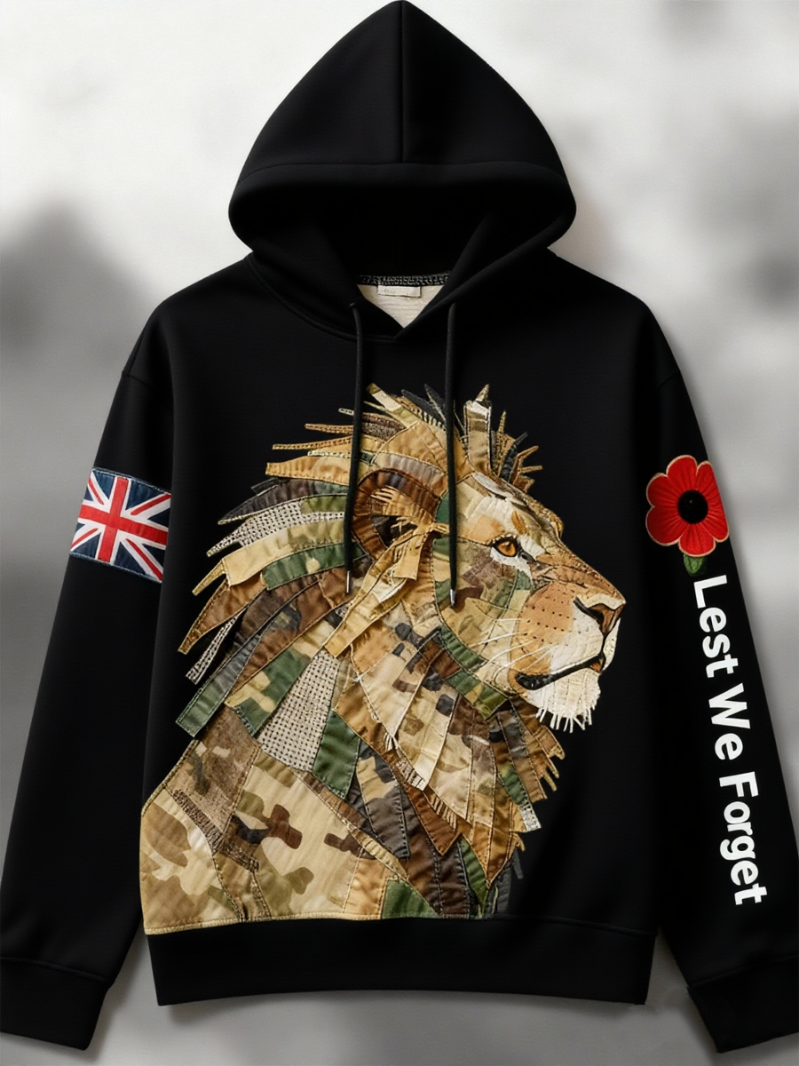 Britischer Löwe „Lest We Forget“ Herren-Kapuzenpullover mit überschnittenen Schultern (ohne Taschen)