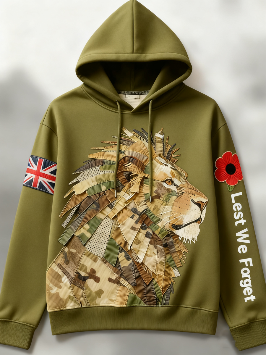 Britischer Löwe „Lest We Forget“ Herren-Kapuzenpullover mit überschnittenen Schultern (ohne Taschen)