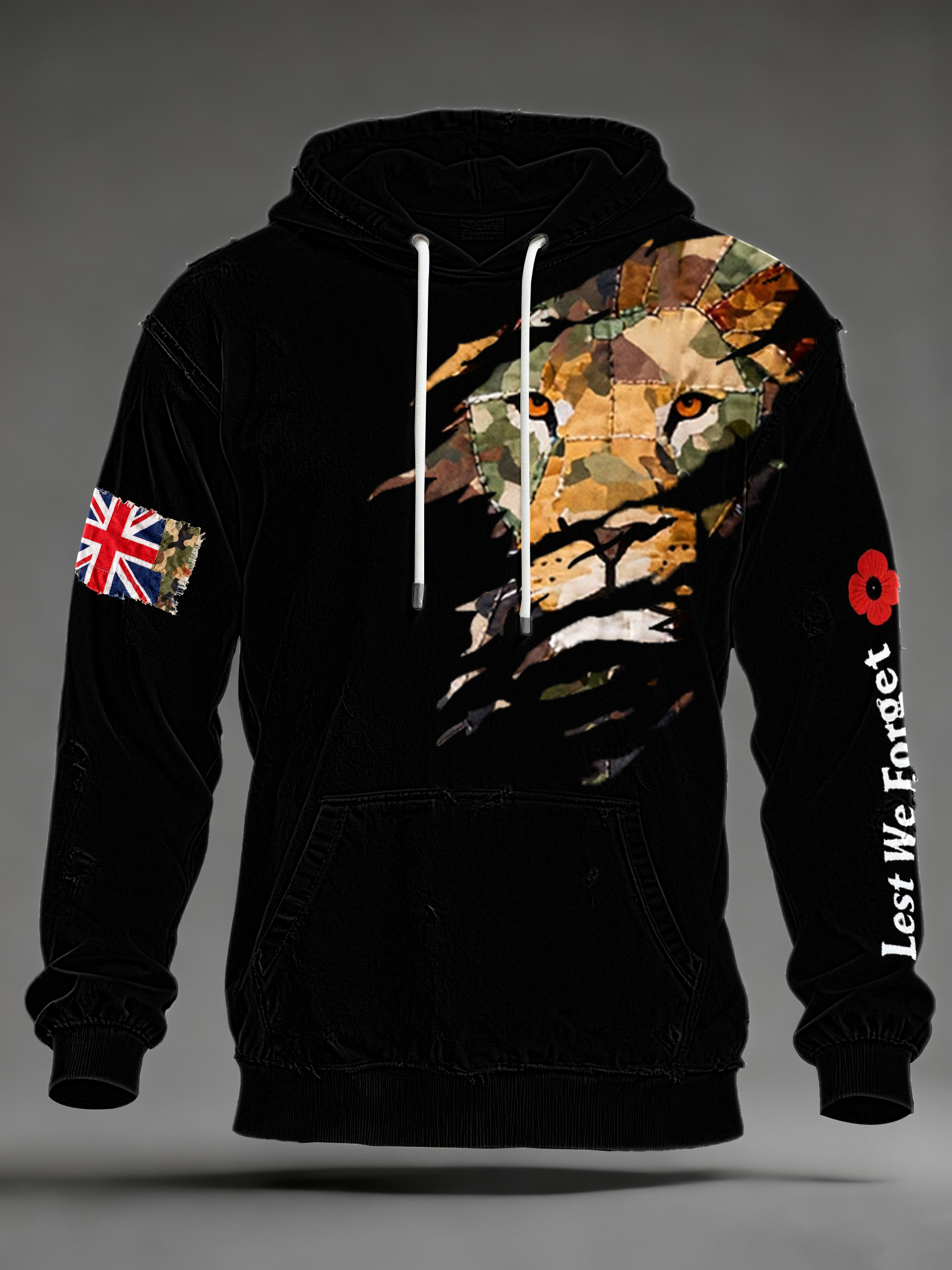 Herren-Kapuzenpullover mit überschnittenen Schultern und Taschen, Aufdruck „British Lion Lest We Forget“