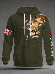 Herren-Kapuzenpullover mit überschnittenen Schultern und Taschen, Aufdruck „British Lion Lest We Forget“