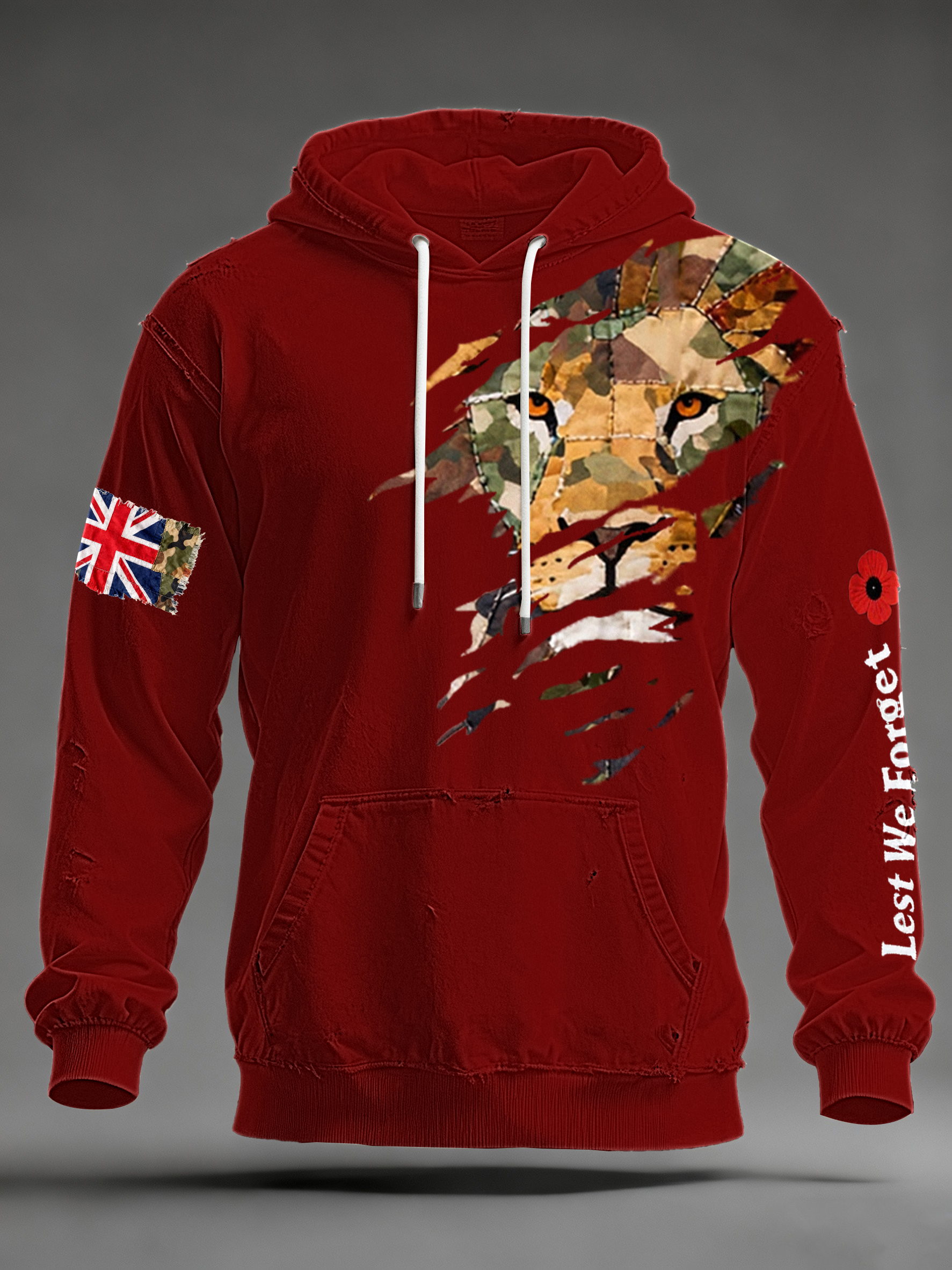 Herren-Kapuzenpullover mit überschnittenen Schultern und Taschen, Aufdruck „British Lion Lest We Forget“