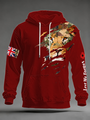 Herren-Kapuzenpullover mit überschnittenen Schultern und Taschen, Aufdruck „British Lion Lest We Forget“