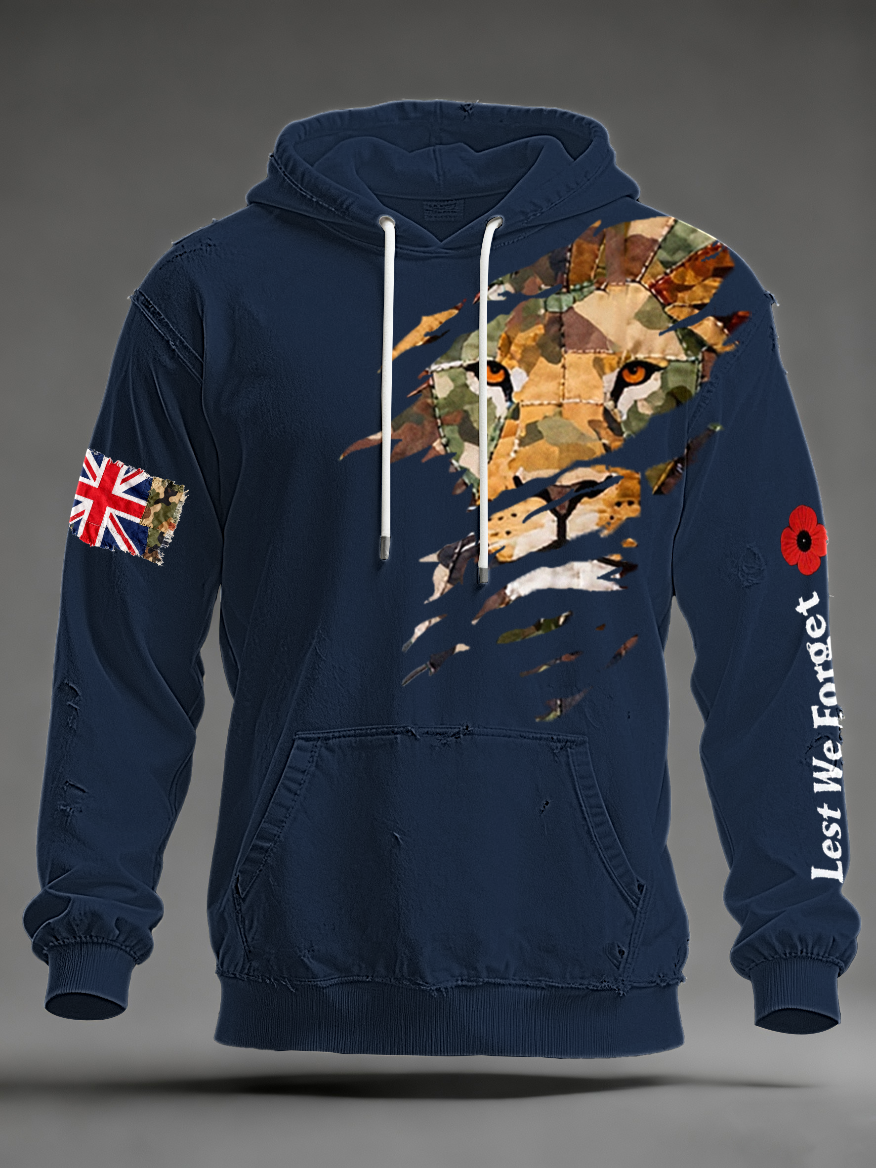 Herren-Kapuzenpullover mit überschnittenen Schultern und Taschen, Aufdruck „British Lion Lest We Forget“