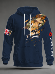 Herren-Kapuzenpullover mit überschnittenen Schultern und Taschen, Aufdruck „British Lion Lest We Forget“