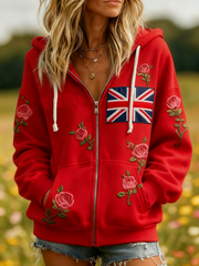 Damen-Kapuzenjacke mit Reißverschluss und britischem Flaggen-Blumenmuster