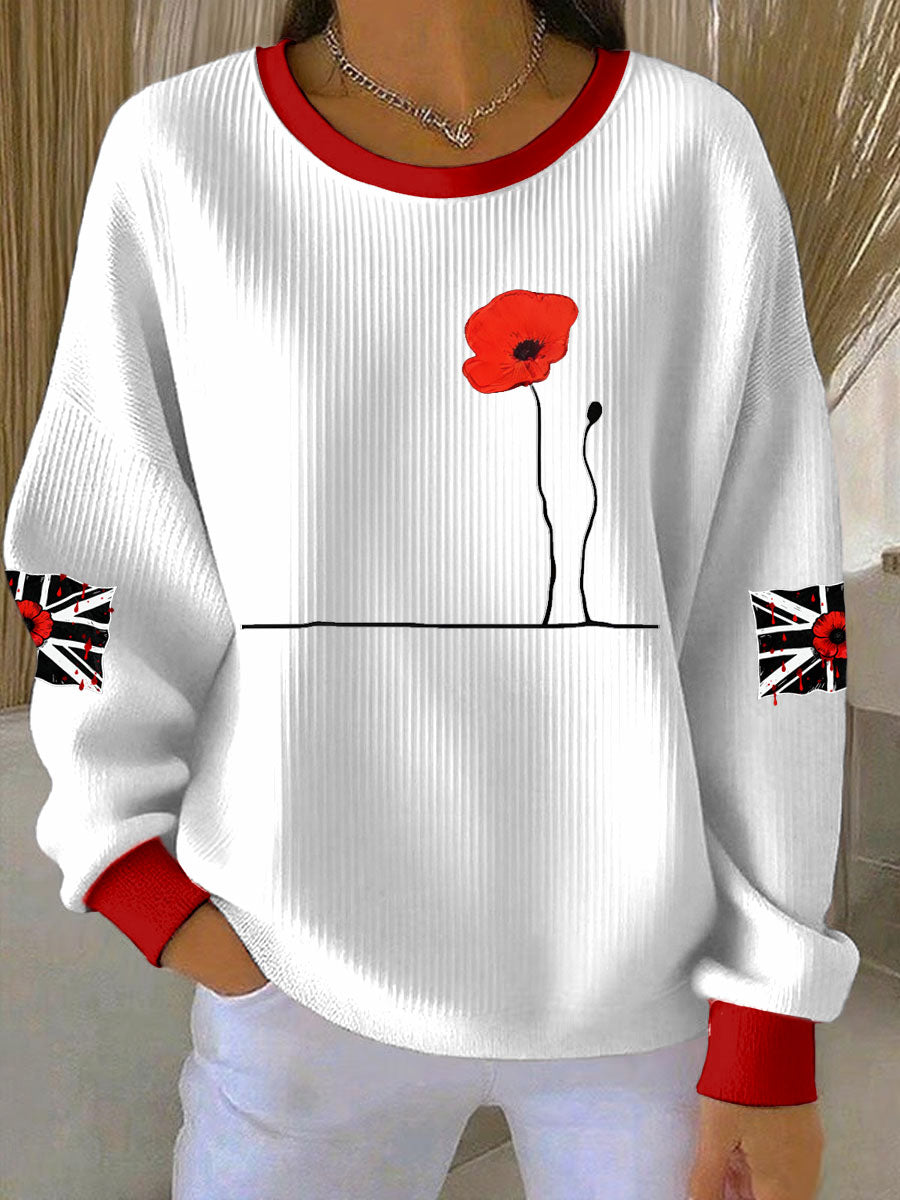 Women's British Popph Print Ribbed Round-Neck Sweatshirt