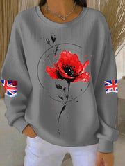 Women's British Popph Print Ribbed Round-Neck Sweatshirt