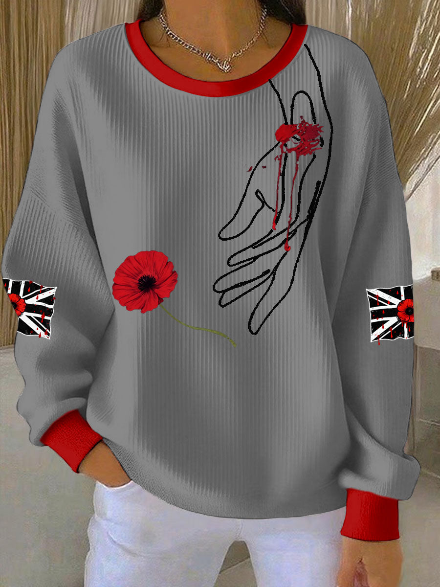 Women's British Popph Print Ribbed Round-Neck Sweatshirt