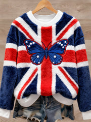 Lässiger Flanellpullover im britischen Stil mit Kunstdruck für Damen