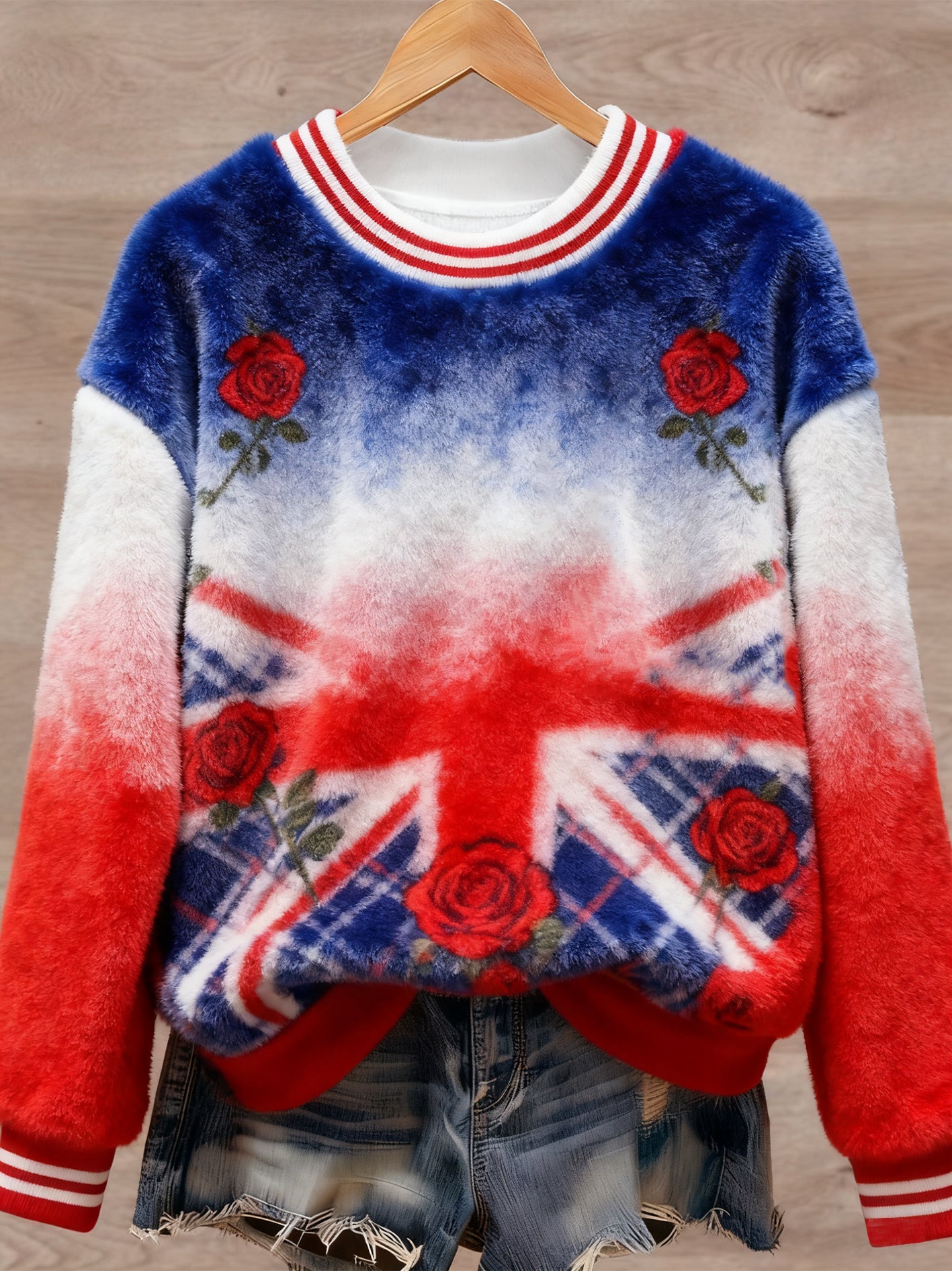 Lässiger Flanellpullover im britischen Stil mit Kunstdruck für Damen