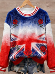 Lässiger Flanellpullover im britischen Stil mit Kunstdruck für Damen