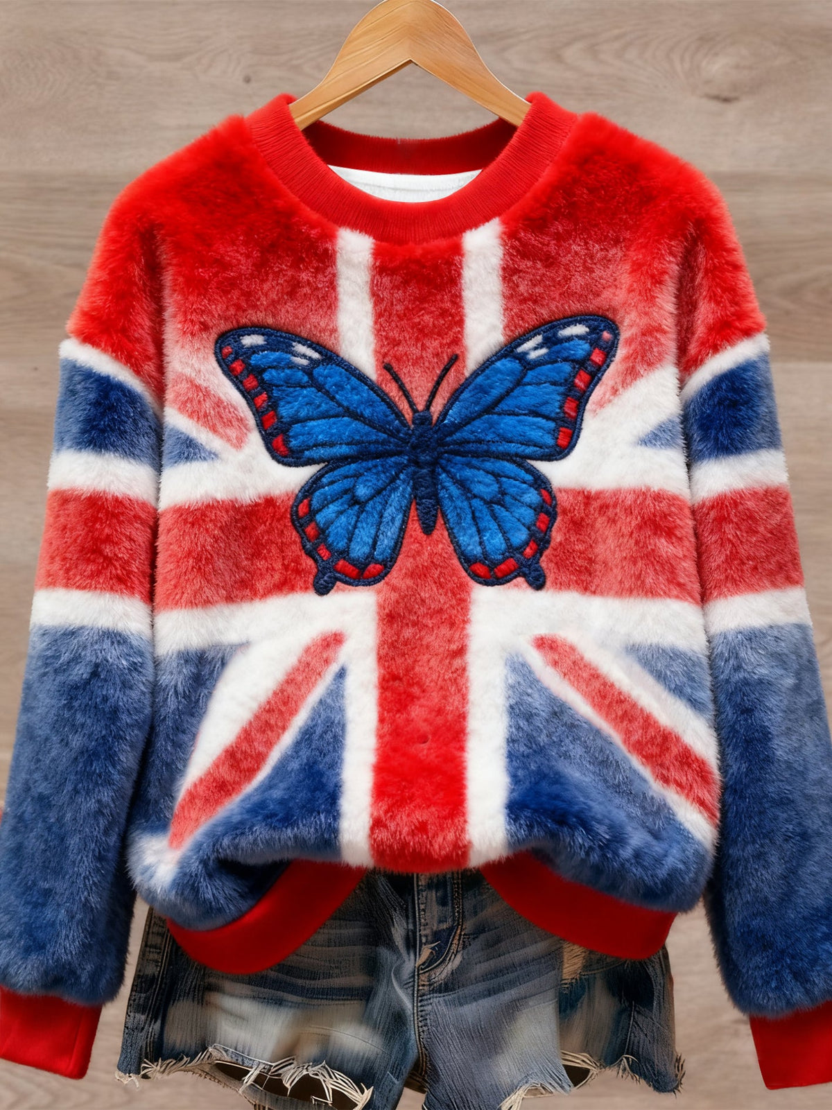 Lässiger Flanellpullover im britischen Stil mit Kunstdruck für Damen