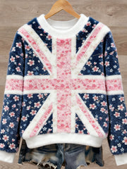 Lässiger Flanellpullover im britischen Stil mit Kunstdruck für Damen