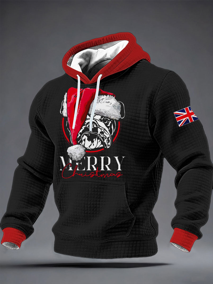 Herren-Hoodie aus Baumwolle mit Bulldoggen-Print und Weihnachtsmotiv, kariert