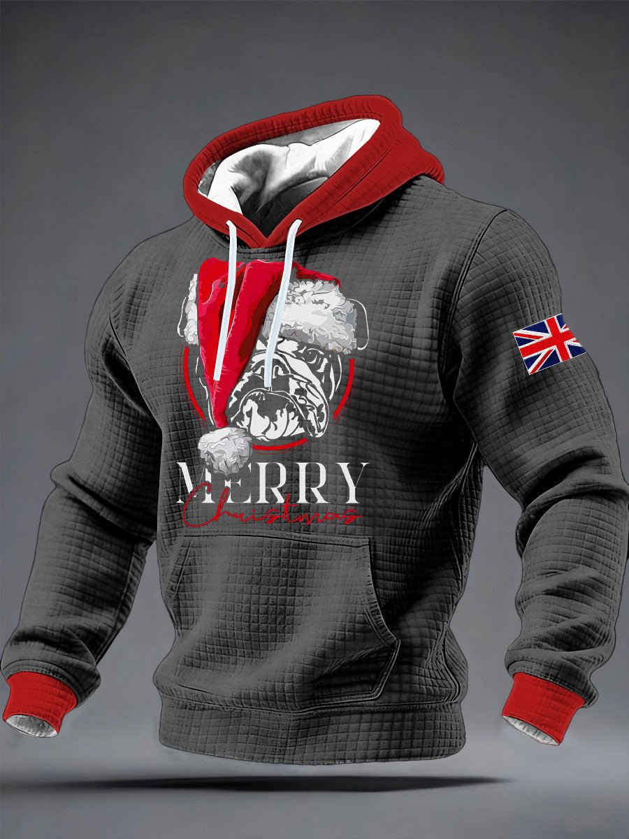Herren-Hoodie aus Baumwolle mit Bulldoggen-Print und Weihnachtsmotiv, kariert