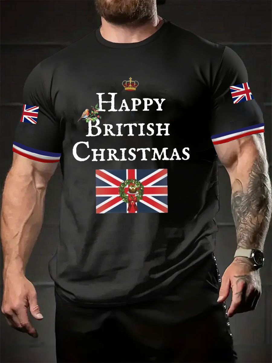Herren-T-Shirt mit kurzen Ärmeln und dem Aufdruck „Happy British Christmas“