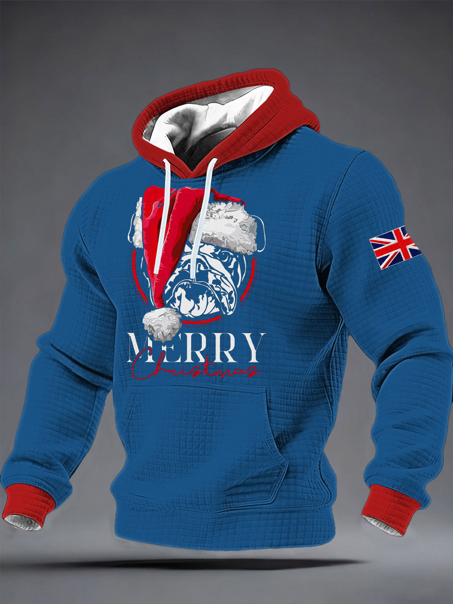 Herren-Hoodie aus Baumwolle mit Bulldoggen-Print und Weihnachtsmotiv, kariert