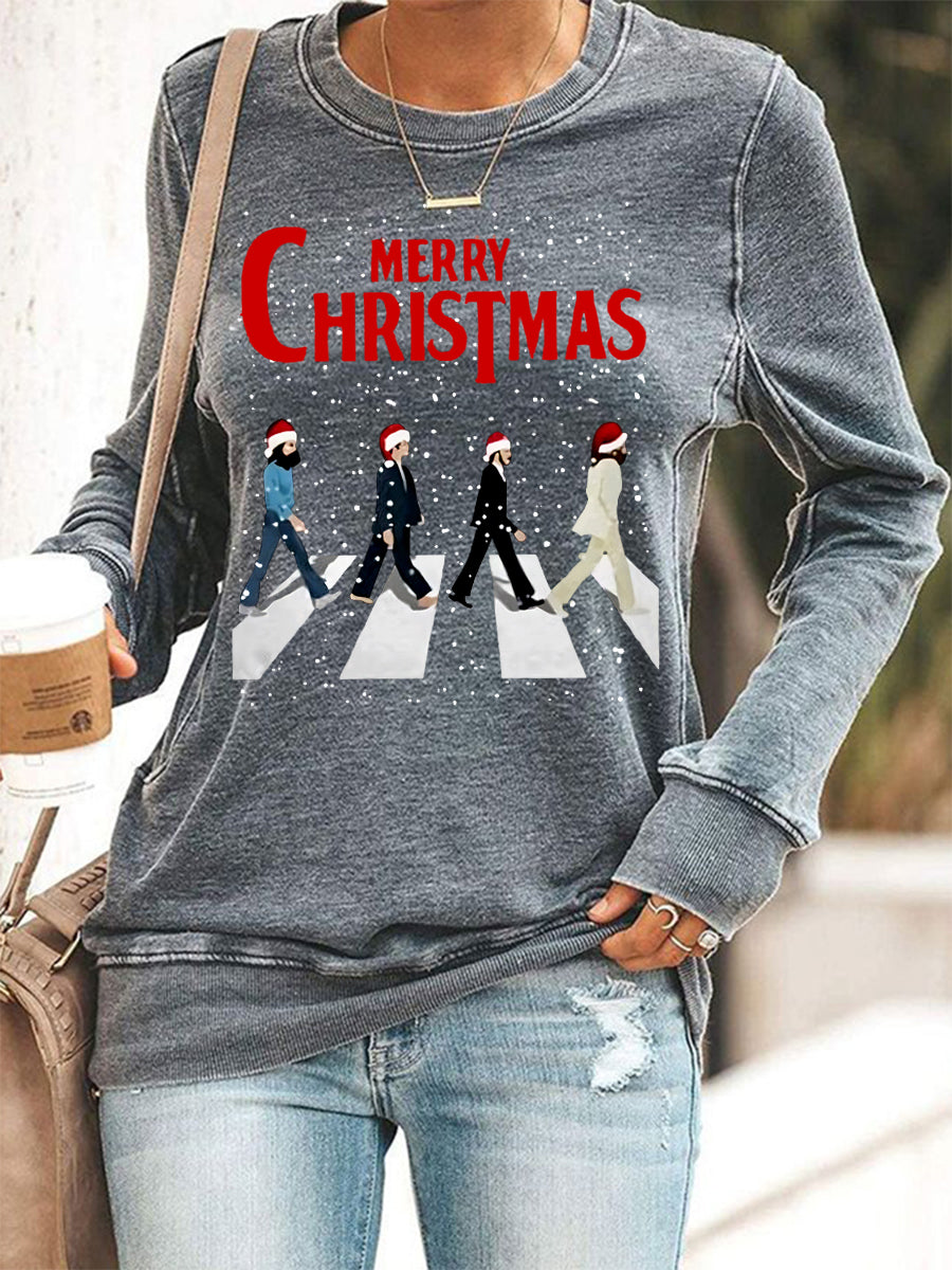 Damen-Sweatshirt mit Retro-Print und dem Aufdruck einer legendären Rockband: „Frohe Weihnachten“