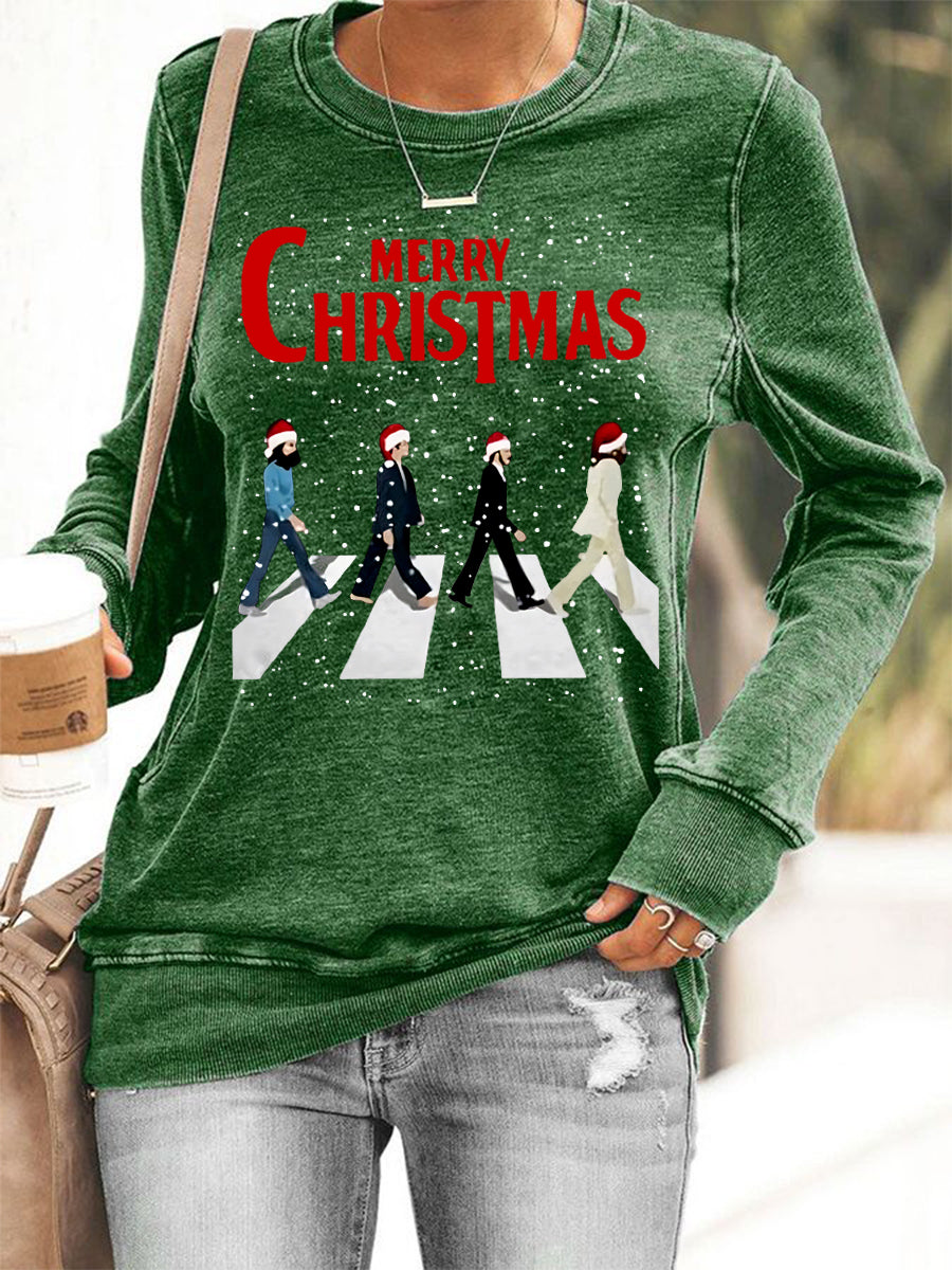 Damen-Sweatshirt mit Retro-Print und dem Aufdruck einer legendären Rockband: „Frohe Weihnachten“