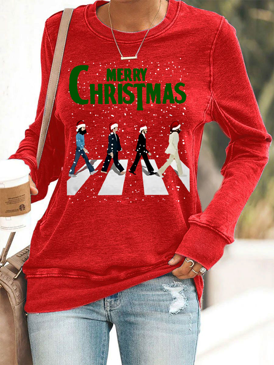 Damen-Sweatshirt mit Retro-Print und dem Aufdruck einer legendären Rockband: „Frohe Weihnachten“