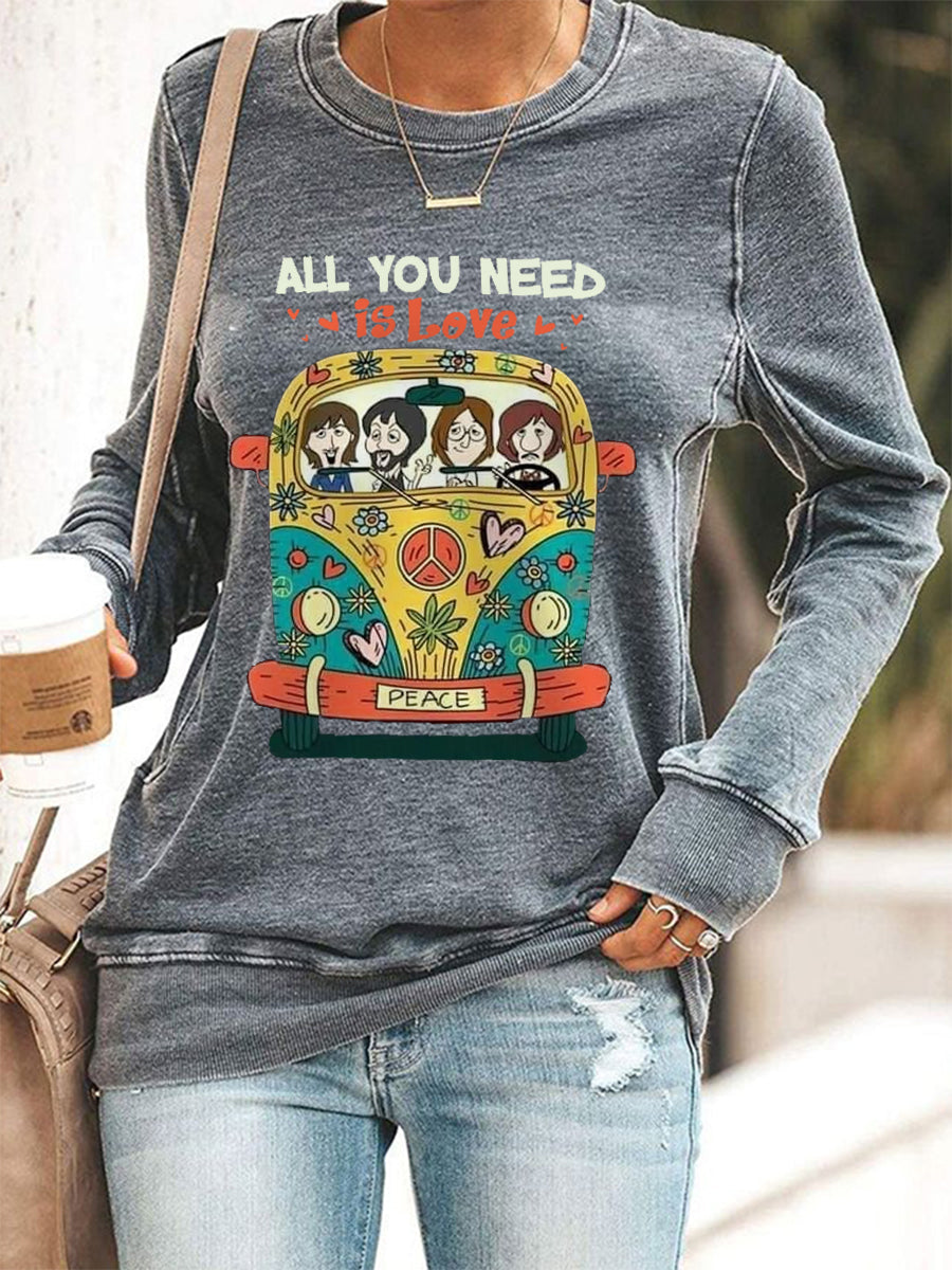 Women's All You Need Is Love Retro Classic Legendary Rock Band Print Casual Sweatshirt