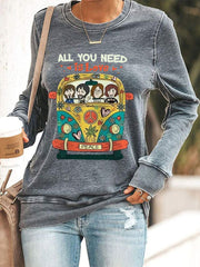 Women's All You Need Is Love Retro Classic Legendary Rock Band Print Casual Sweatshirt